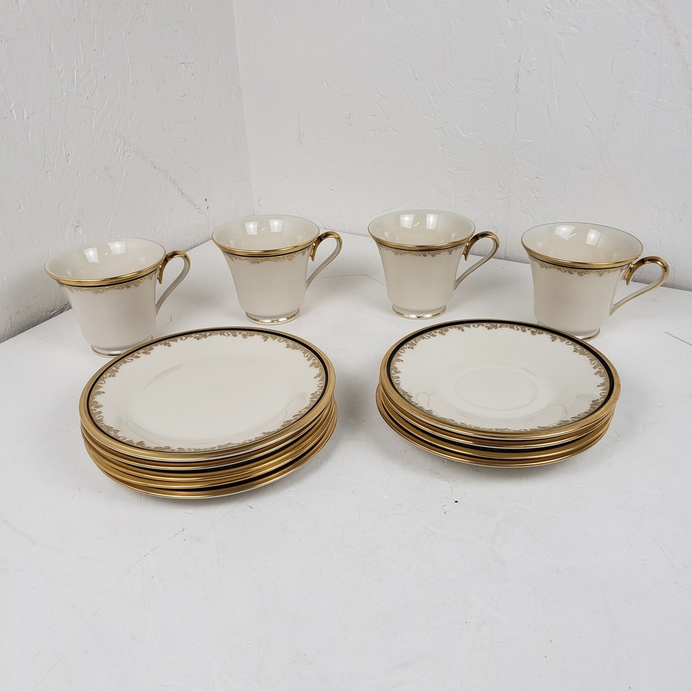 Lenox Eclipse China 13pc Set 4 Cups 4 Saucers 5 Bread Plates Gold Navy Ivory